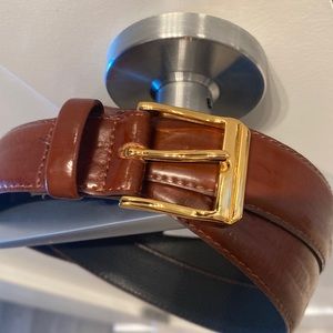 Belt, brown, Leather end to end is 43”, gold brass buckle
